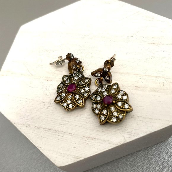 Turkish Sterling Silver Genuine Ruby Simulated White Topaz Dangle Earrings EUC - Picture 6 of 11